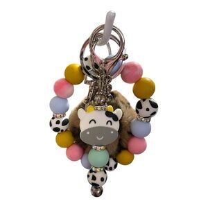 Cow-Themed Beaded Bracelet Keychain with Pom Pom